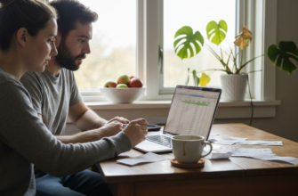 Una pareja sentada en el comedor, revisando juntos las cuentas del mes y organizando el presupuesto familiar.