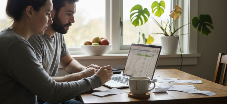 Una pareja sentada en el comedor, revisando juntos las cuentas del mes y organizando el presupuesto familiar.