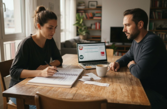 Una pareja revisando juntos sus cuentas en la mesa del comedor