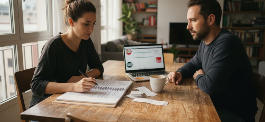 Una pareja revisando juntos sus cuentas en la mesa del comedor