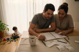 Una pareja analiza sus cuentas en el comedor de su casa, con un ambiente típico mexicano.