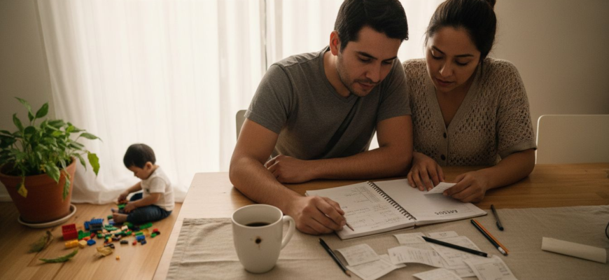 Una pareja analiza sus cuentas en el comedor de su casa, con un ambiente típico mexicano.