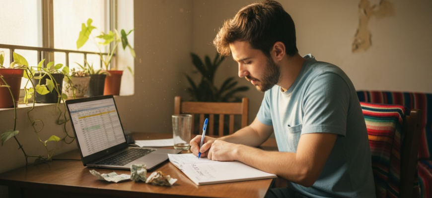 Joven mexicano organizando su presupuesto desde la comodidad de su hogar