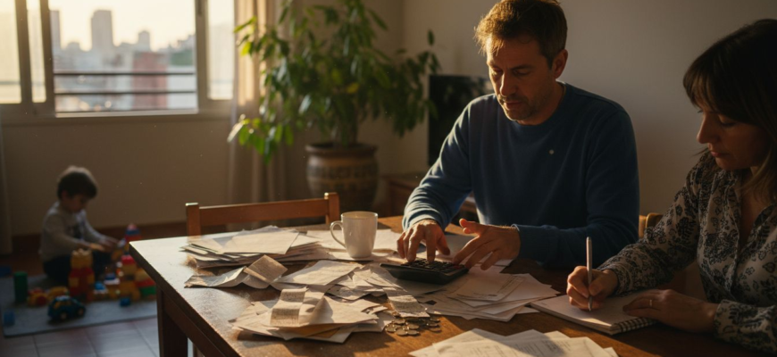 Una familia sentada alrededor de la mesa del comedor organizando sus cuentas y planificando su presupuesto.