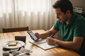 Hombre revisando sus gastos entre papeles desordenados en la mesa