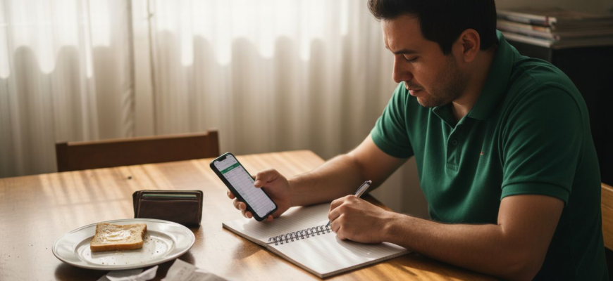 Hombre revisando sus gastos entre papeles desordenados en la mesa
