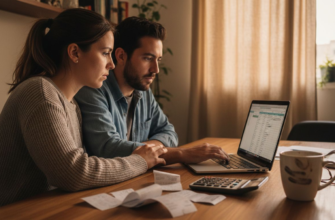 Una familia sentada alrededor de la mesa, revisando juntos sus cuentas y gastos del hogar.