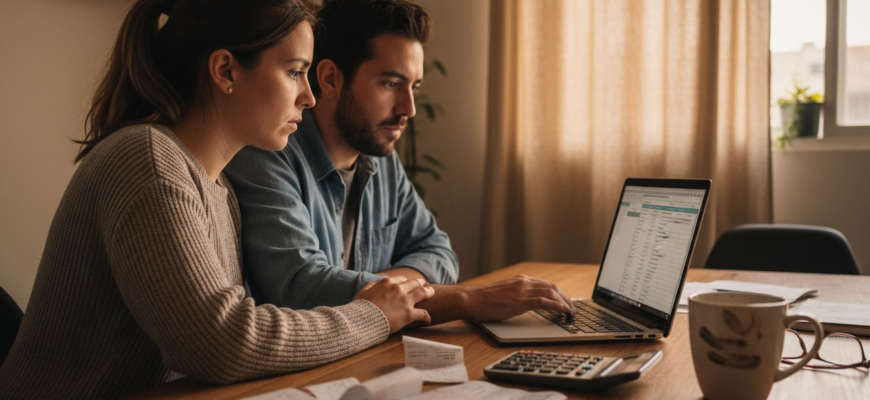 Una familia sentada alrededor de la mesa, revisando juntos sus cuentas y gastos del hogar.