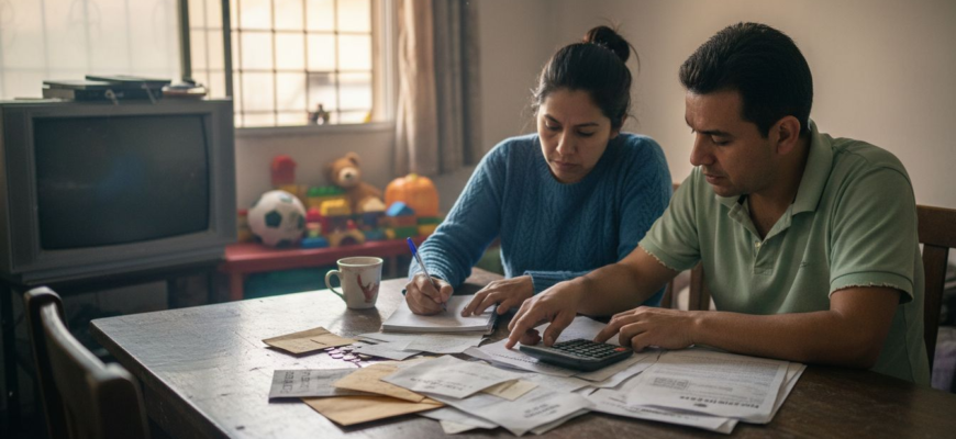 Una pareja analiza las cuentas del hogar para organizar el presupuesto familiar.