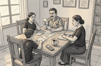 Una familia sentada en el comedor, revisando juntos sus cuentas y gastos del mes.