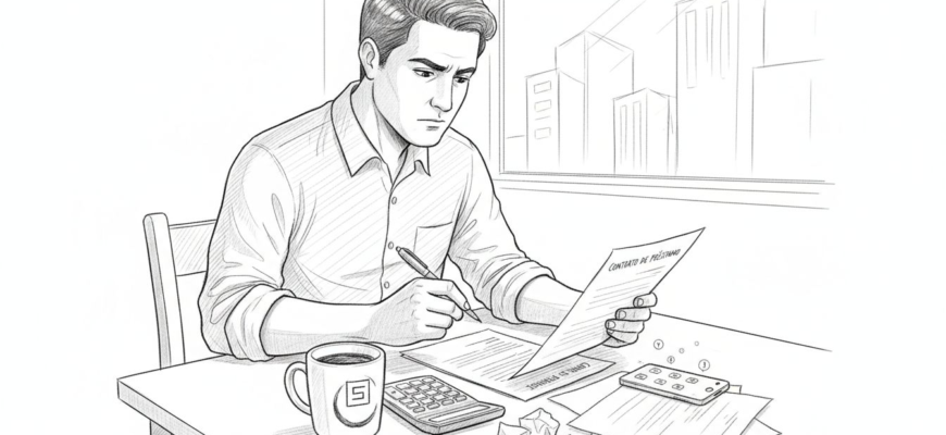 Hombre leyendo detenidamente un contrato de préstamo sobre la mesa