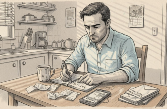 Hombre revisando y anotando sus gastos en la mesa de la cocina