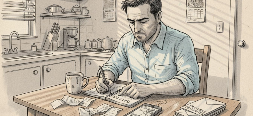 Hombre revisando y anotando sus gastos en la mesa de la cocina