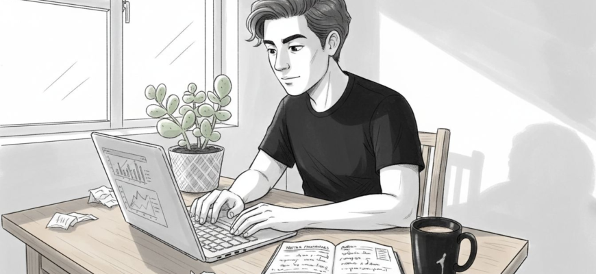 Joven mexicano analizando sus inversiones desde su computadora portátil