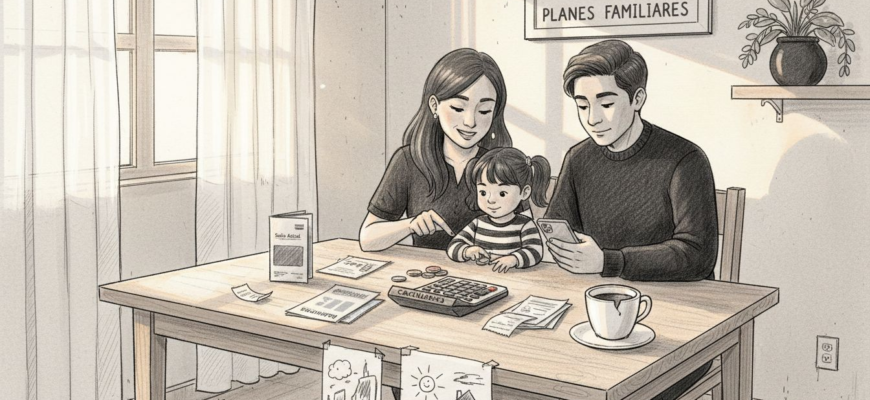 Una familia mexicana analiza diferentes opciones para ahorrar mientras conversa reunida alrededor de la mesa.