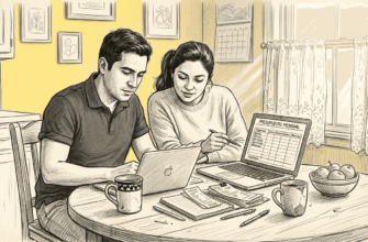 Una pareja revisando juntos las cuentas del hogar en la mesa de la cocina.