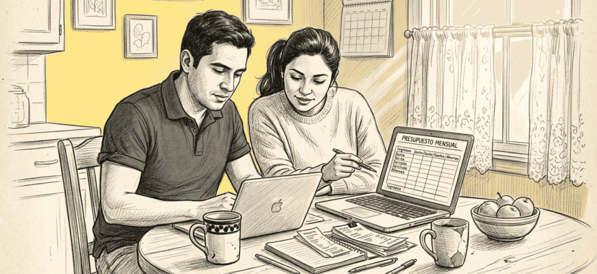 Una pareja revisando juntos las cuentas del hogar en la mesa de la cocina.