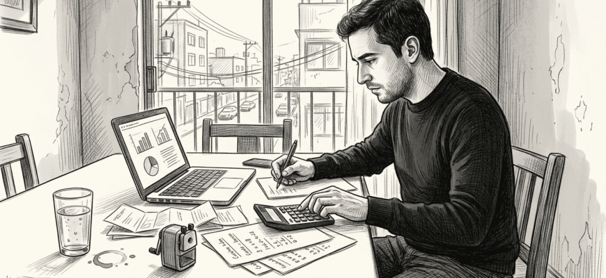 Un hombre repasa sus cuentas sentado en la mesa de su casa.