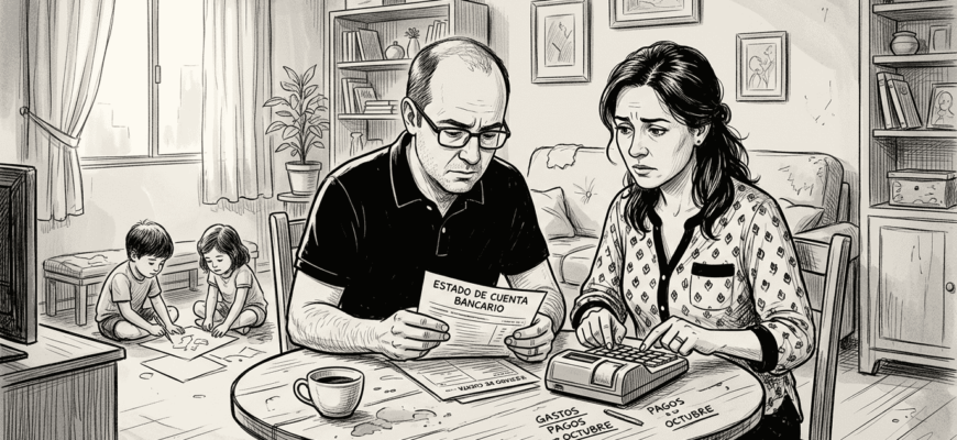 Una familia mexicana revisa sus cuentas con cara de preocupación.