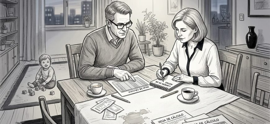 Una familia organizando sus cuentas y presupuesto en casa