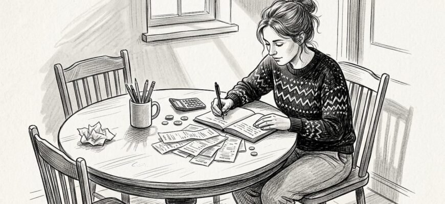 Mujer organizando sus cuentas en la sala-comedor de una casa mexicana