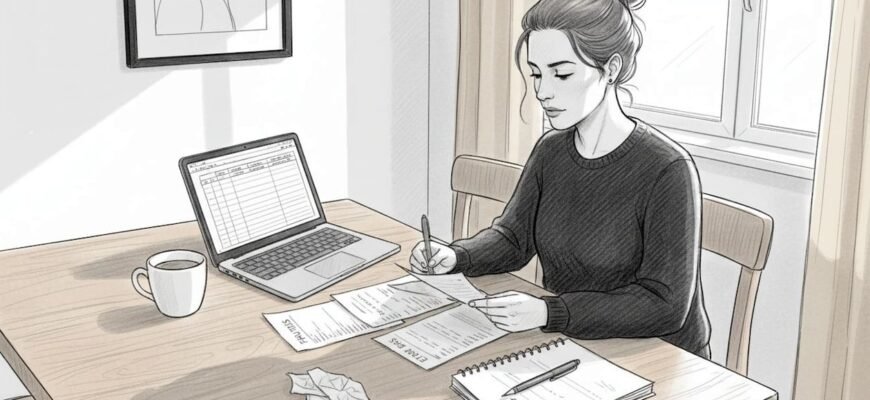 Mujer organizando sus cuentas en la mesa de casa