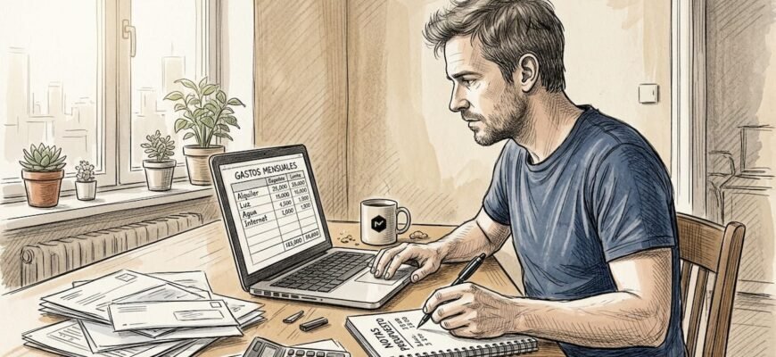 Una persona revisa las cuentas sentada en la mesa del comedor.