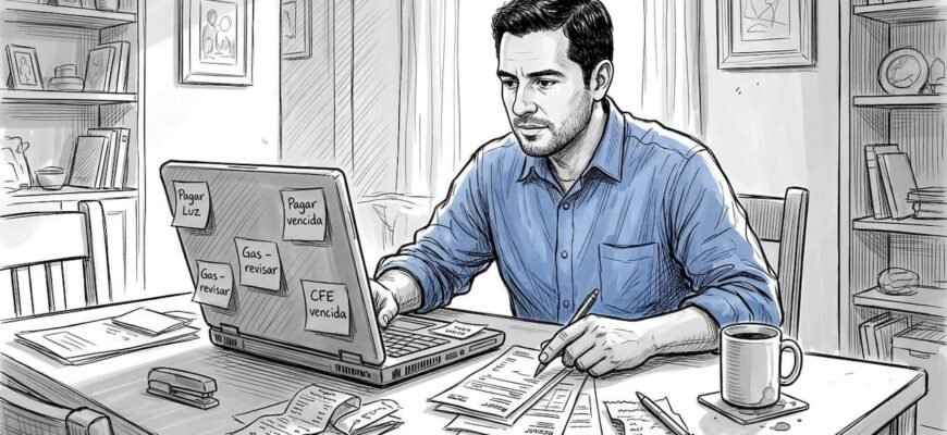 Un hombre organiza sus cuentas en casa