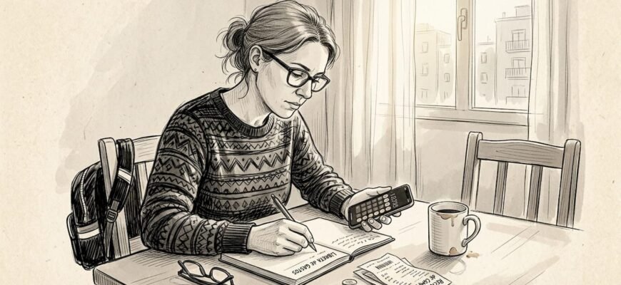 Mujer revisando y organizando sus gastos en la cocina de su casa