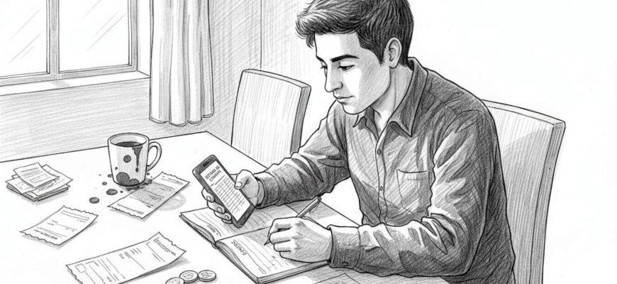 Un joven repasa sus cuentas sentado en la mesa de la cocina.