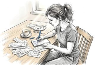 Una mujer está en la cocina, revisando sus cuentas y facturas mientras disfruta de una taza de café.