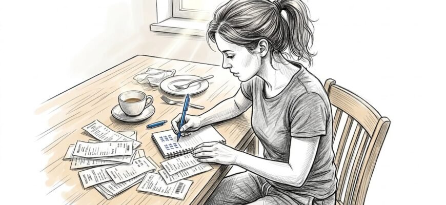 Una mujer está en la cocina, revisando sus cuentas y facturas mientras disfruta de una taza de café.