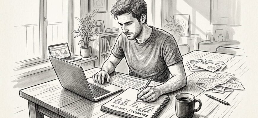 Joven organizando las cuentas del hogar