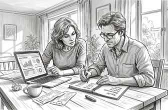 Una pareja sentada en la mesa de casa, organizando sus cuentas y revisando el presupuesto familiar.