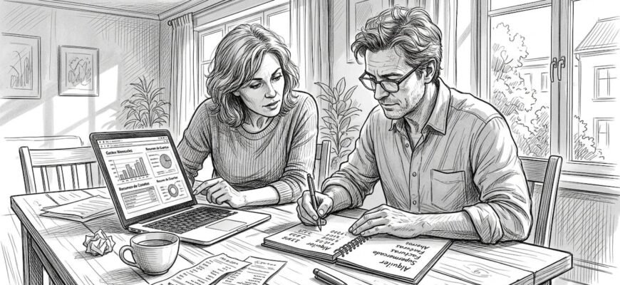 Una pareja sentada en la mesa de casa, organizando sus cuentas y revisando el presupuesto familiar.