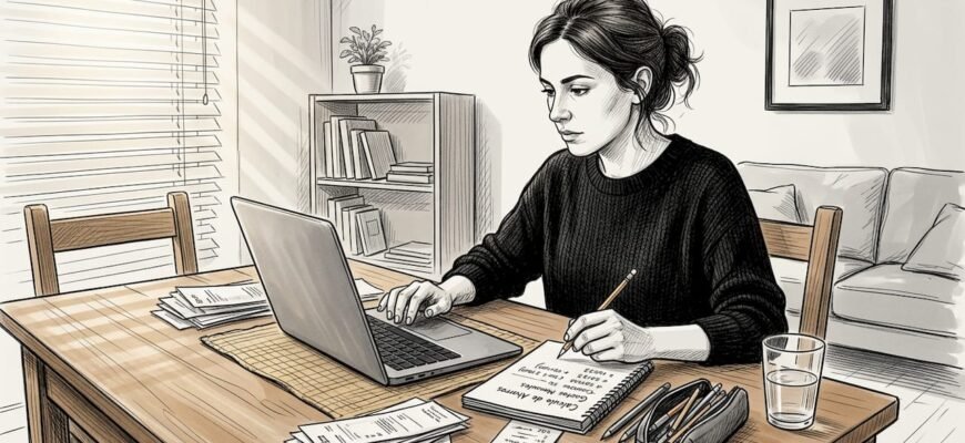 Mujer organizando sus finanzas personales sentada en la mesa del comedor