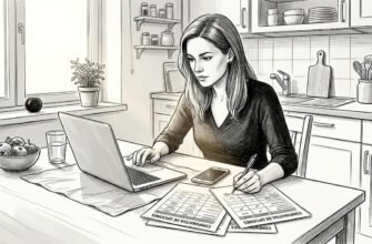 Una mujer revisa y compara distintas opciones financieras sentada en la mesa de la cocina, buscando la mejor alternativa para organizar sus cuentas.