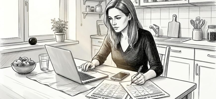 Una mujer revisa y compara distintas opciones financieras sentada en la mesa de la cocina, buscando la mejor alternativa para organizar sus cuentas.