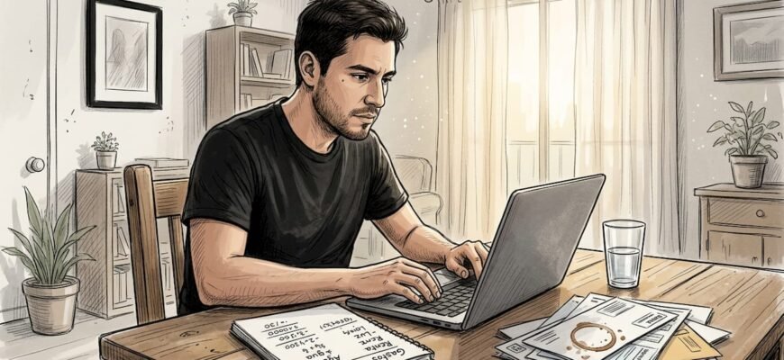 Hombre organizando sus cuentas desde casa con el portátil