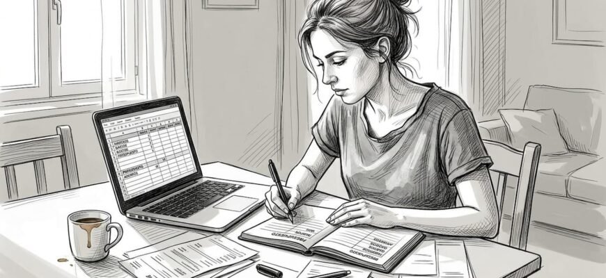 Mujer organizando sus cuentas y revisando el estado de sus finanzas en casa