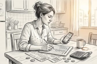 Mujer organizando sus cuentas en la mesa de la cocina