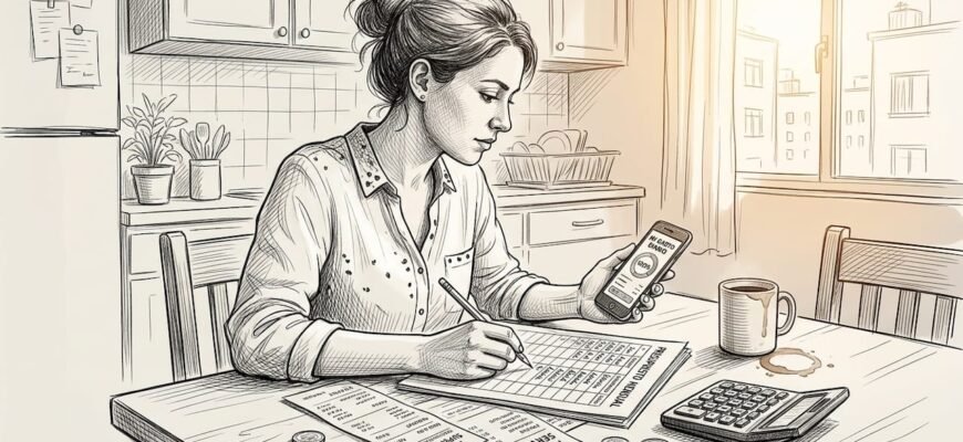 Mujer organizando sus cuentas en la mesa de la cocina