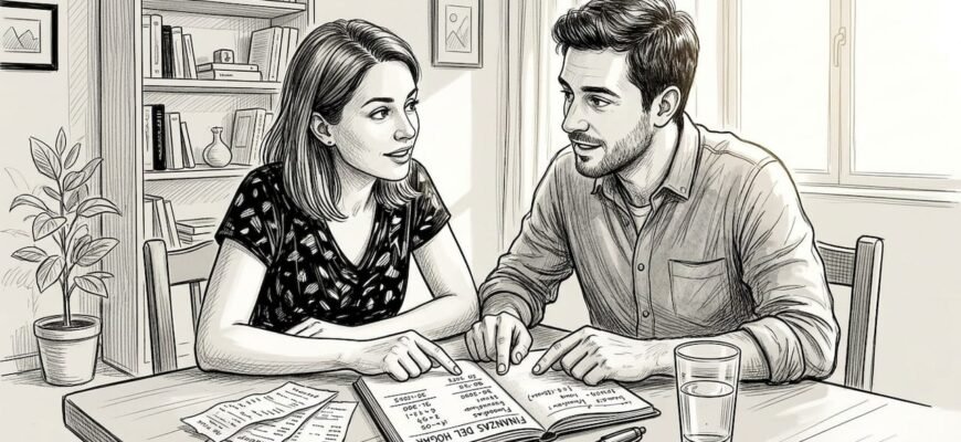 Una pareja revisa sus cuentas sentada en la mesa del comedor.