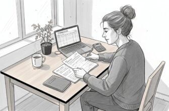 Una mujer revisa sus cuentas sentada en la mesa de la cocina.