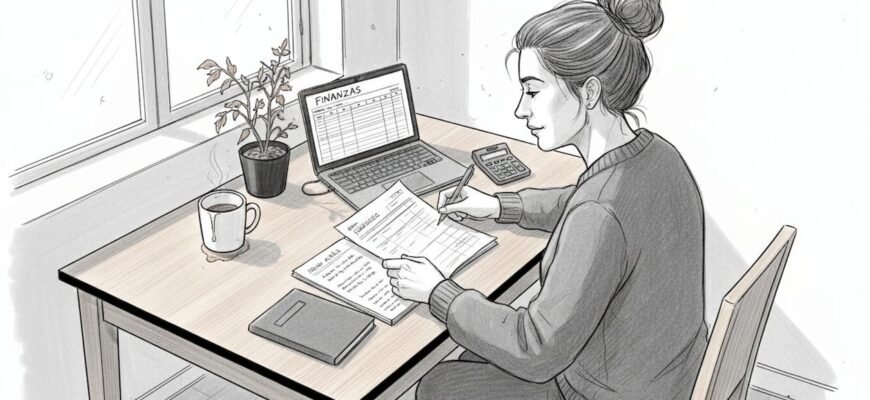 Una mujer revisa sus cuentas sentada en la mesa de la cocina.