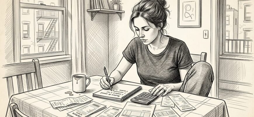 Mujer organizando sus cuentas y presupuesto desde casa