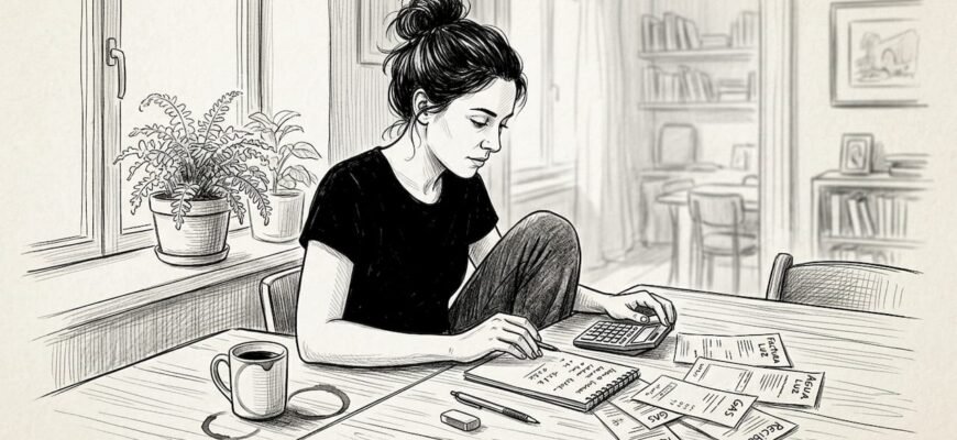 Mujer organizando las cuentas del hogar