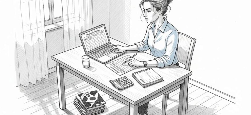 Una mujer repasa sus cuentas sentada en la mesa de su casa.