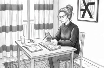 Una mujer revisa y organiza sus cuentas del mes sentada en la mesa de su casa.