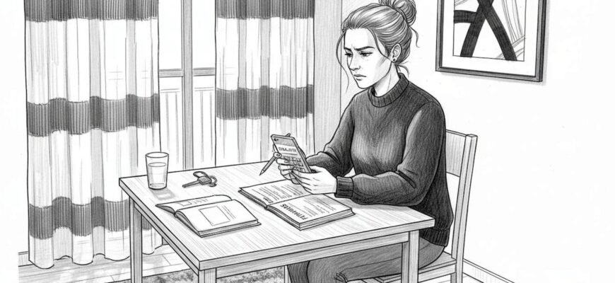 Una mujer revisa y organiza sus cuentas del mes sentada en la mesa de su casa.